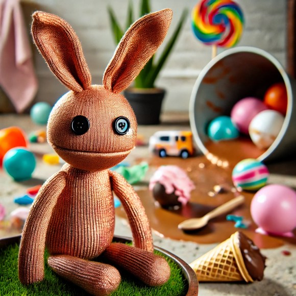 A copper-colored sock puppet with big button eyes and upright bunny ears sits serenely on a tiny patch of grass, seemingly unbothered by the absolute toddler-fueled chaos behind it. The background is a disaster zone—spilled chocolate, melting ice cream, scattered toys, lost balloons, and a toppled bucket of who-knows-what. Despite the carnage, the puppet remains in perfect zen mode, as if it's mastered the art of parenting-induced inner peace.