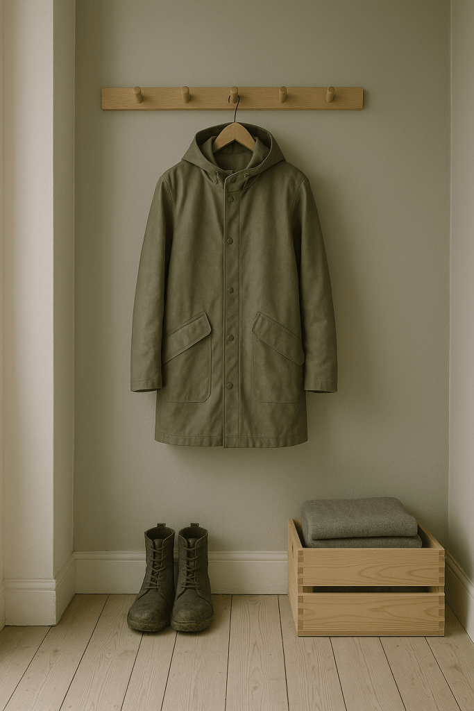 A pale Scandinavian hallway with a single raincoat hanging and boots below, lit by soft daylight. Calm and quietly intentional.