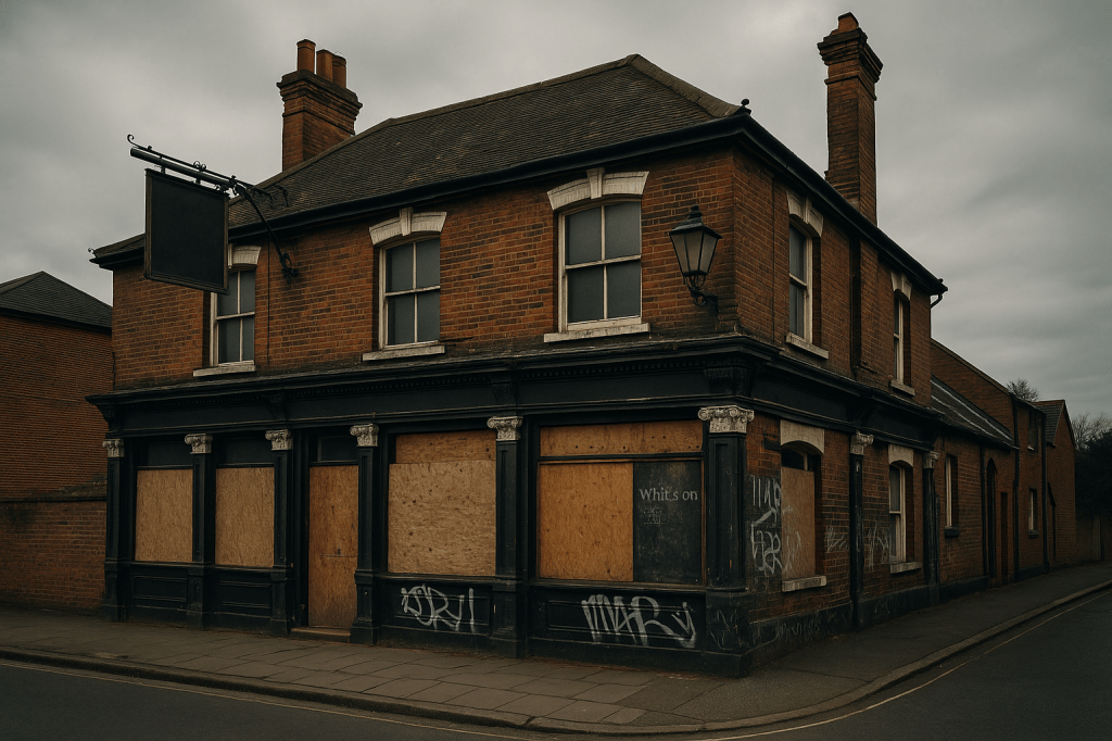 A boarded-up British pub on a quiet street, its windows covered with metal shutters and faint graffiti. The pub’s old signage is faded but visible, and a chalkboard by the door still displays a “What’s On” message. Overcast sky, soft light. The scene feels abandoned yet oddly dignified, capturing a sense of cultural pause, not decay.