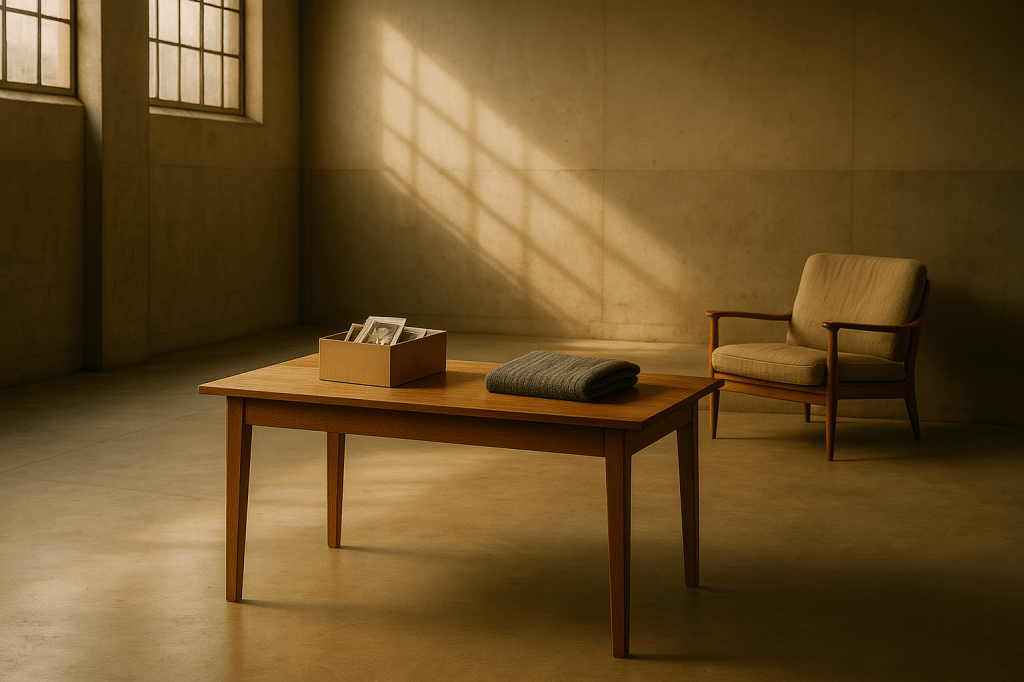 “A photo-realistic, wide-angle shot of a minimalist, industrial-style room. At its centre stands a mid-century wooden table holding a vintage shoebox of old photographs and a neatly folded wool jumper. Soft sunlight streams diagonally through a tall warehouse-style window, casting warm light across the bare concrete floor. A single linen armchair sits off-centre, turned away, suggesting recent human presence. The scene is calm, curated, and quietly reflective.