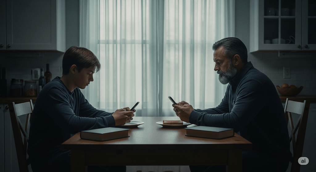 A moody, hyperrealistic photograph shows a teenage boy and an older man, presumably his father, sitting across from each other at a wooden kitchen table in muted, late afternoon light. Both are absorbed in their smartphones, their heads bowed. A single slice of toast on a white plate sits in front of the father, while two closed books are stacked near the boy. The light filters softly through sheer curtains behind them, illuminating a quiet, timeless kitchen. The scene evokes a sense of mutual disconnection and the quiet ache of modern life.