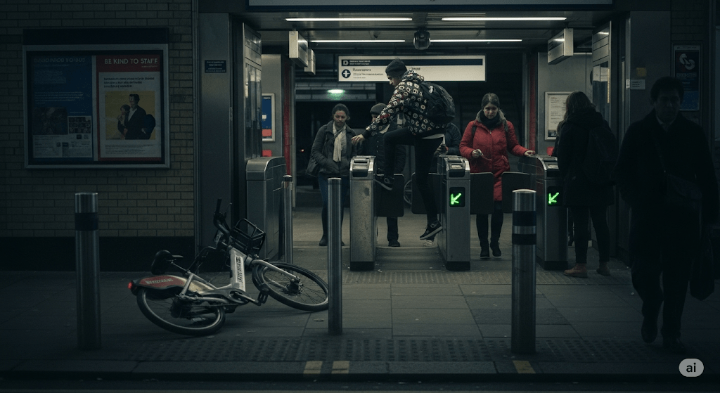 A dimly lit London Underground station entrance at street level in the early evening. A rental e-bike is on its side across the grimy pavement in the foreground. In the background, a young man in casual streetwear jumps over a fare gate. Other commuters in the background are looking away. The scene has a cinematic, slightly desaturated look. You can see wear on the station barriers and a faded "Be Kind to Staff" poster.