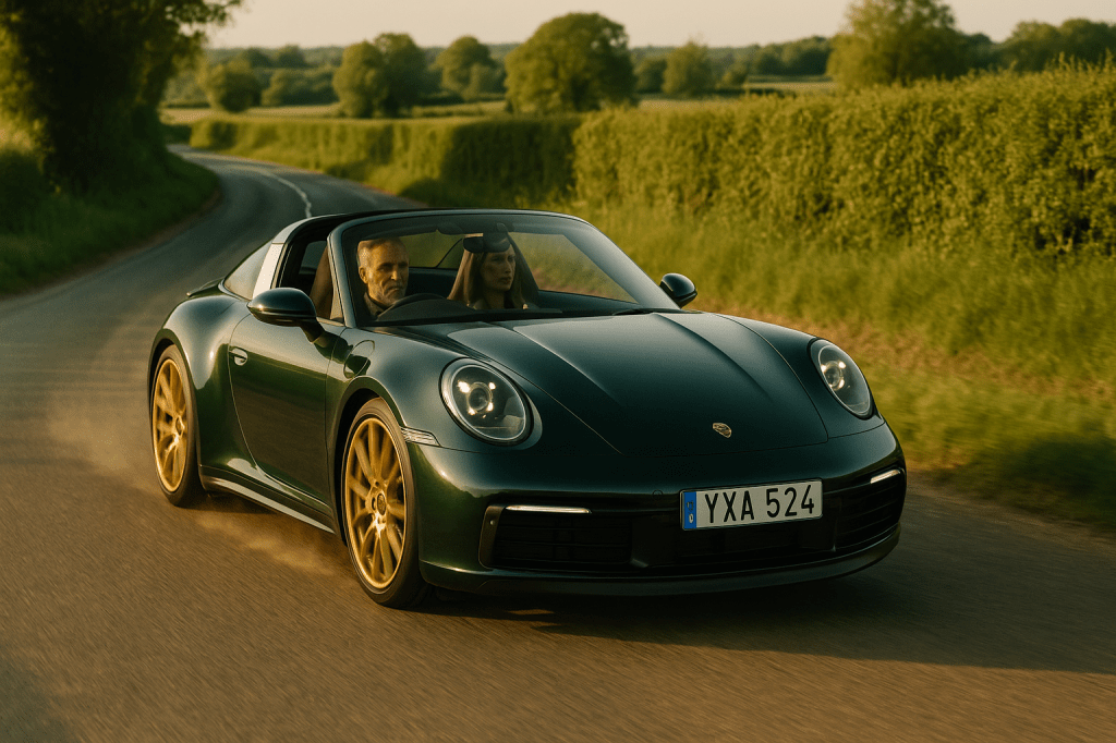 A deep metallic green Porsche 911 Targa with gold wheels drives through a sunlit, winding country road in late spring. The right-hand-drive car features a Swedish number plate. A grey-haired British man in his late 40s, wearing a dark jacket, is behind the wheel. A tall, blonde woman sits beside him. The road is dry with light dust rising from the tyres, and long shadows stretch across the tarmac. Mature hedgerows and soft green fields frame the scene in warm golden light.
