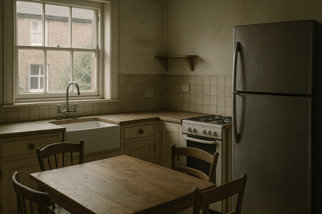 A quiet, lived-in Edwardian kitchen with soft natural light streaming through large sash windows. A brushed chrome tap stands over a deep white Belfast sink, set into pale wooden cabinets with faded cream tiling above. A worn oak table with mismatched wooden chairs sits in the centre of the room. To the right, a slightly scuffed stainless steel Maytag fridge and an old gas cooker are tucked into the corner. The space feels unstyled, with muted grey and off-white tones, and subtle signs of use but no clutter. The mood is still and contemplative, as if someone has just stepped out.