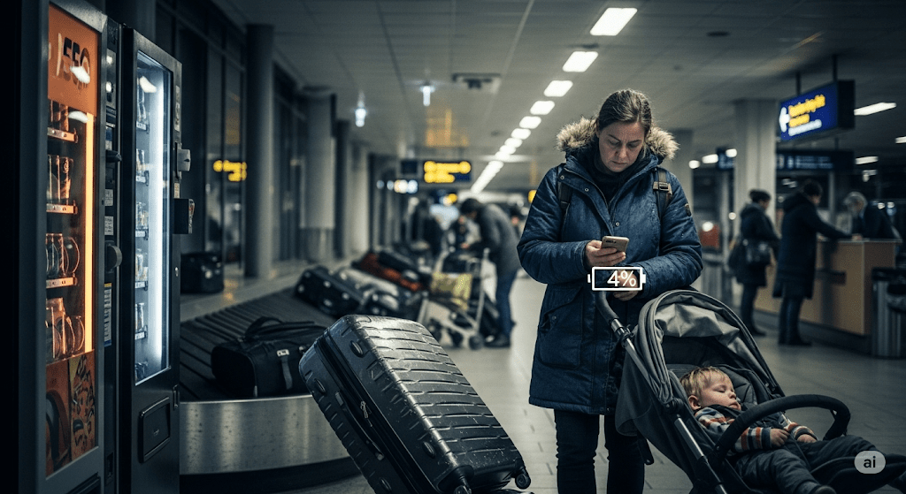 A tired parent, dressed in a dark winter coat with a fur-lined hood, stands in a dimly lit Swedish airport baggage claim area late at night. They are looking down at their phone, which shows a 4% battery icon. To their left, a child sleeps soundly in a dark grey stroller. A large, dark suitcase tilts precariously next to the parent, appearing as though it might fall. In the background, an empty luggage carousel stretches out, with a few other suitcases scattered on it. Further back, blurred figures of other travelers are visible, and the warm glow of a vending machine can be seen on the far left. The overall atmosphere is one of exhaustion and quiet resignation.