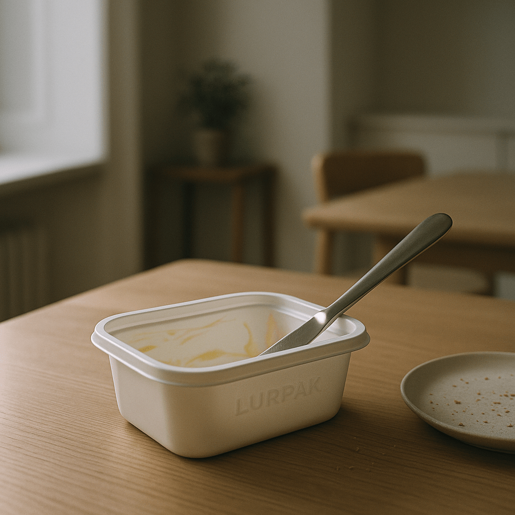 A nearly empty white Lurpak butter tub with a stainless steel knife inside sits on a light wooden kitchen countertop. Beside it is a small ceramic plate scattered with toast crumbs. Soft daylight falls from the left, casting gentle shadows across the minimalist, muted interior with wooden furniture and a blurred potted plant in the background.