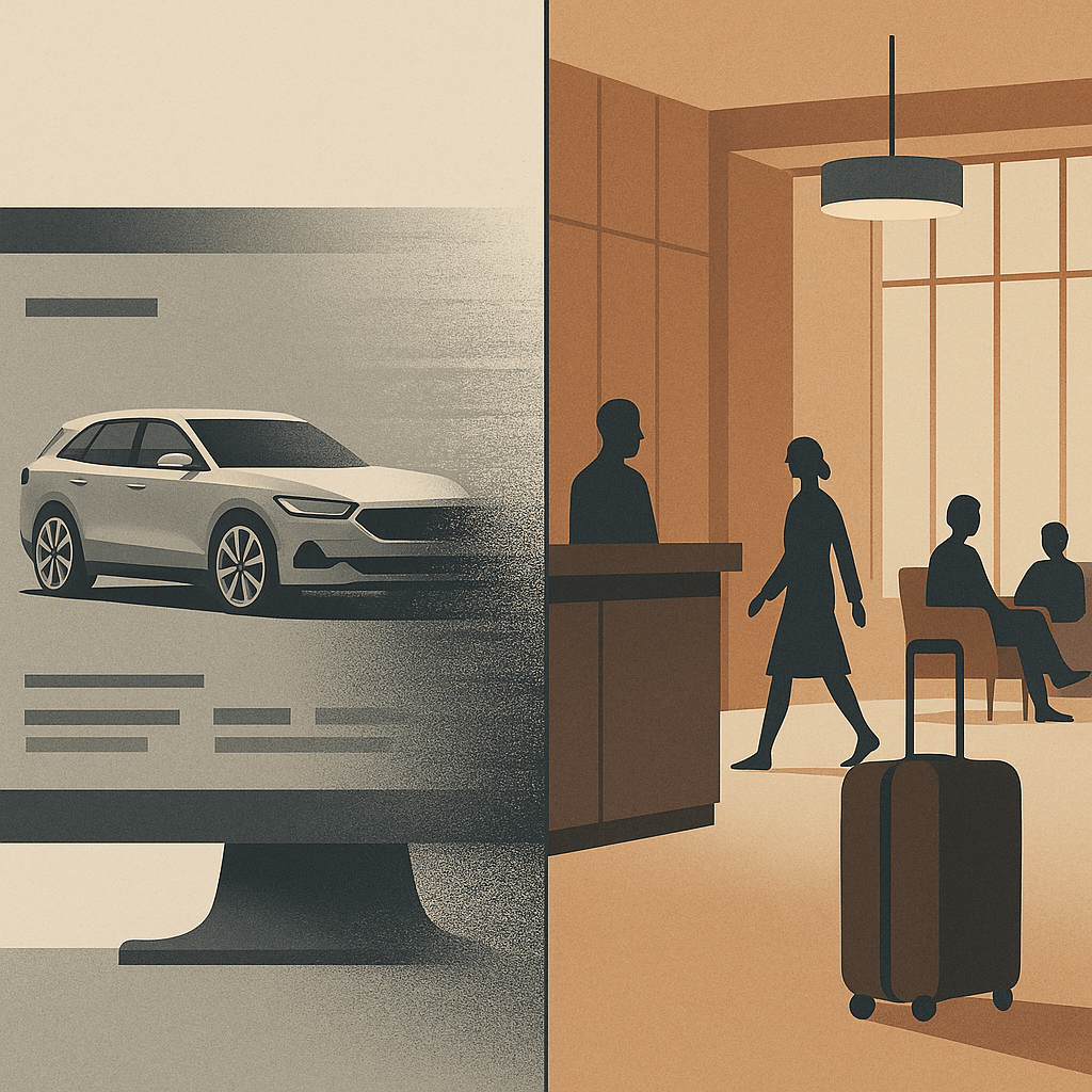 Split illustration in muted tones: on the left, a sleek SUV fades into static on a computer configurator screen; on the right, a calm hotel lobby with warm wood panelling, guests moving easily, and luggage arriving without fuss. The contrast shows polish versus structure, with luxury defined by order and rhythm rather than surface gloss.