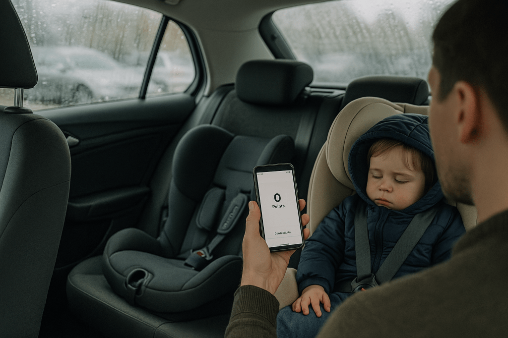 A parent stands by the open rear door of a family car on a rainy day, checking their phone which shows a zero loyalty points balance, while two Cybex child car seats are visible in the back on with a sleeping toddler in it.