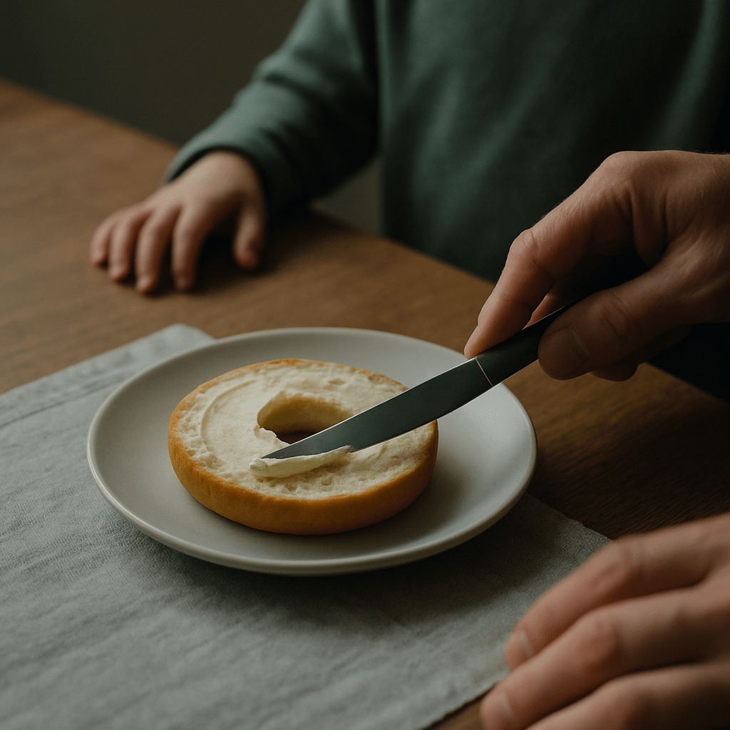 A close-up of a butter knife spreading butter on half a bagel, placed on a plain ceramic plate on a wooden table with a linen cloth. A child’s small hand rests nearby, watching quietly.