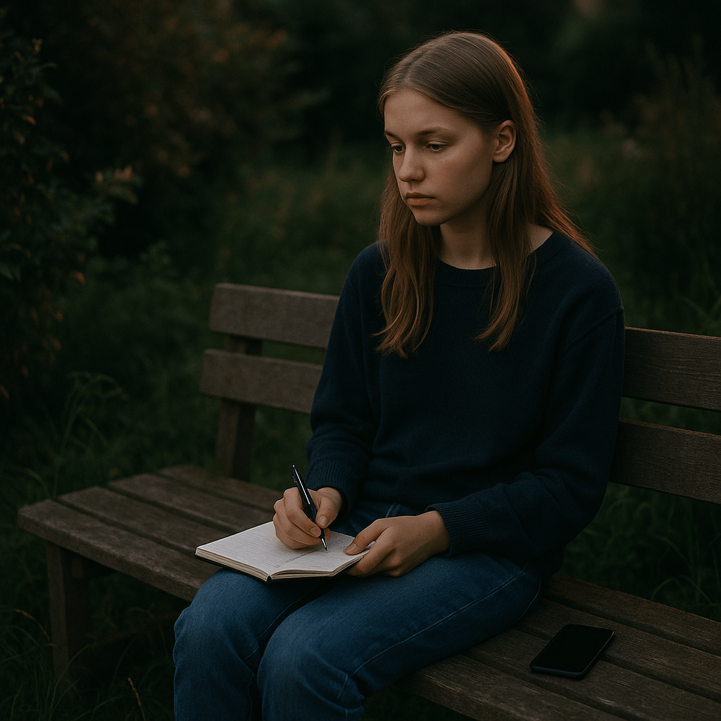 A teenage girl with long light brown hair sits alone on a wooden bench in a natural garden at dusk, holding a pen over an open notebook on her lap, with her phone placed screen-down beside her. The scene is softly lit with warm, natural light, surrounded by tall grass and unmanicured foliage.