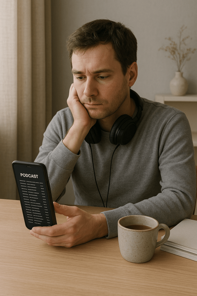 A man in his early thirties sits at a light wooden desk in a softly lit Scandinavian-style room. He wears a grey jumper and has black headphones resting around his neck. Leaning his head on one hand, he looks at his smartphone, which shows a long list of podcast episodes. On the desk in front of him are a ceramic mug half-filled with tea and a small stack of magazines. The mood is contemplative and slightly weary.