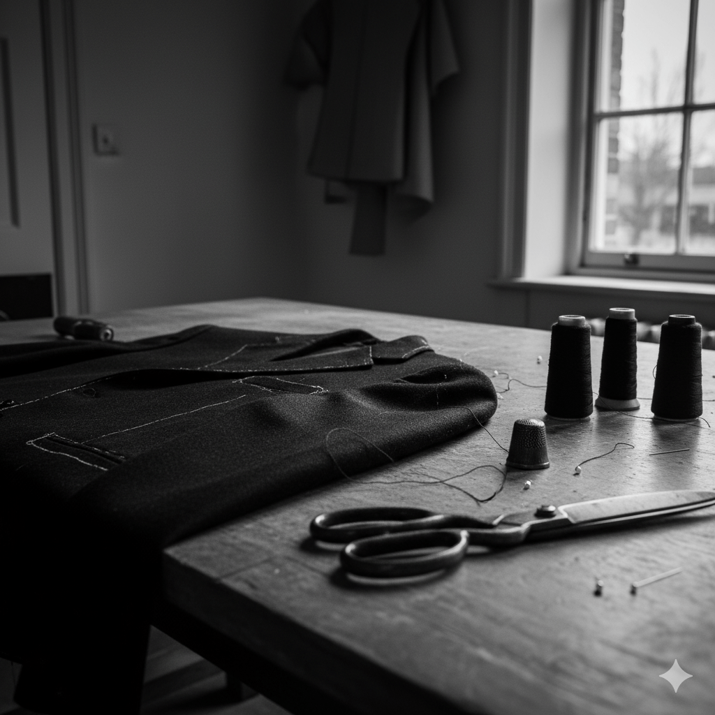 Close-up of a tailor’s worktable lit by soft natural light, showing thread spools, scissors, and a half-finished jacket with a visible imperfect seam — an image symbolising human craftsmanship and intentional imperfection in contrast to algorithmic precision.