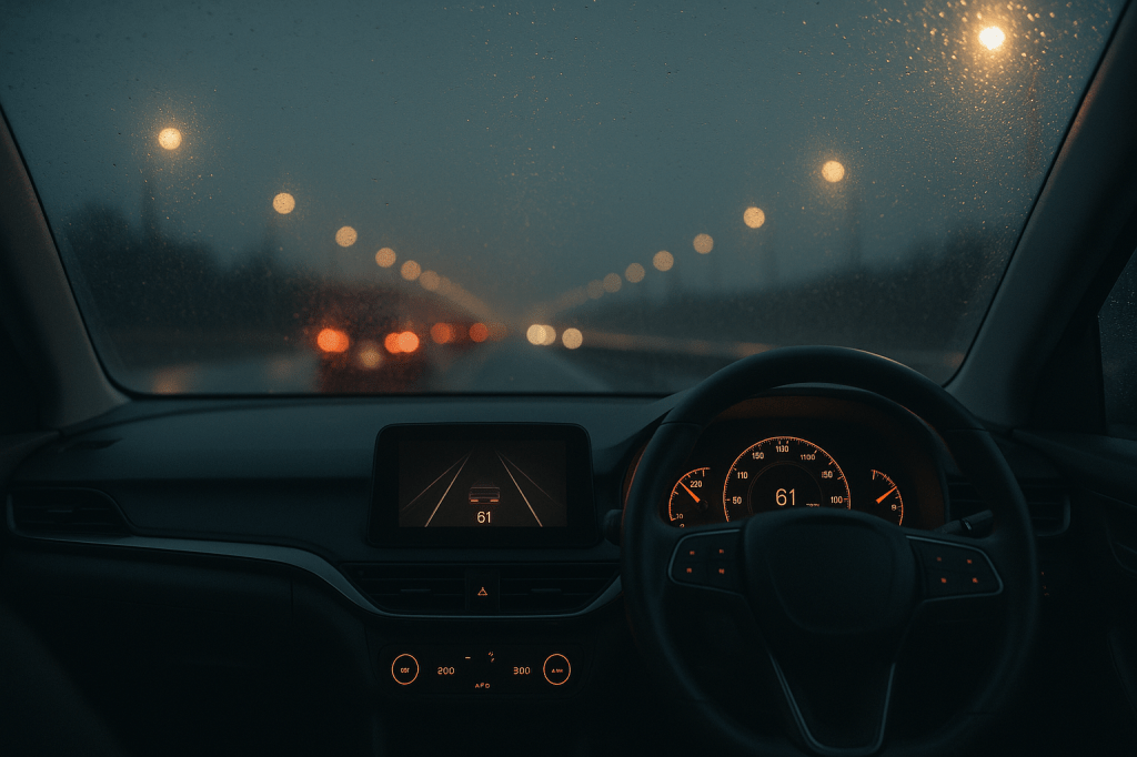 Rain-blurred motorway at dusk viewed through a windscreen; dashboard lights glow amber in an empty driver’s seat — a quiet image of autonomy and time unclaimed.