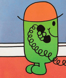 Roger Hargreaves's; Little Miss Neat picks up vintage style corded black telephone. 