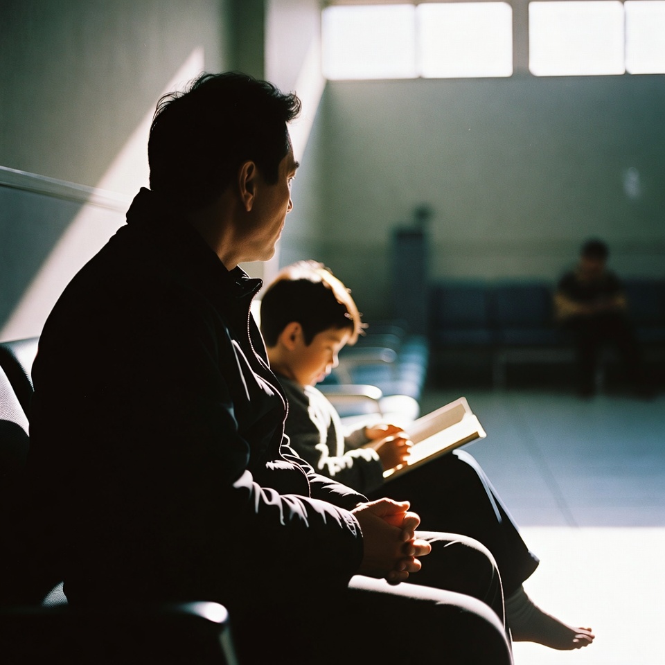 A father and his young son sit together in a sun-lit hospital waiting room. The father looks ahead, hands clasped, while the child reads a book calmly beside him. Empty chairs and soft winter light create a quiet, reflective atmosphere.