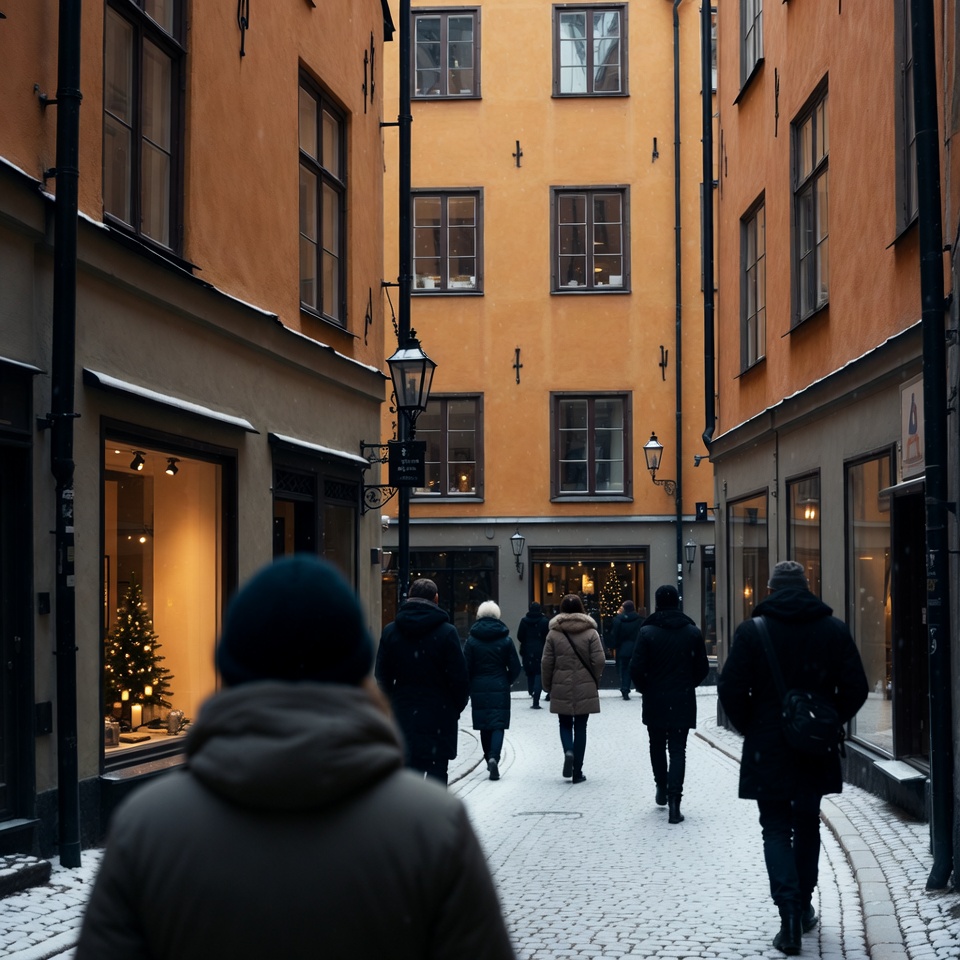 A narrow, snow-dusted street in Stockholm’s Gamla Stan on a muted December afternoon. Warm ochre buildings rise on either side as bundled-up shoppers walk away from the camera. Soft shop-window lights and minimalist Christmas displays glow against the cold, creating a calm, human-scale contrast to typical frantic holiday retail.