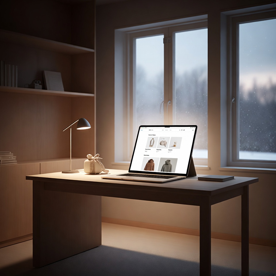 A minimalist Scandinavian study at dusk, softly lit by a small desk lamp. Snow falls outside the window. On the wooden desk sits an open laptop showing a clean product page with only a few curated gift suggestions. A small, neatly wrapped present rests beside it, suggesting a calm, intentional shopping experience rather than the usual frantic grid of options.